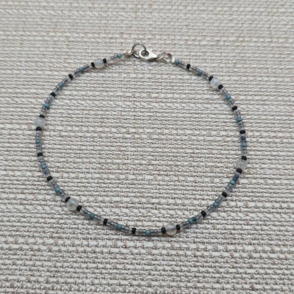 9.5 Inch Sterling Silver Handmade Beaded Moonstone Ankle Bracelet B612 - Picture 1 of 5